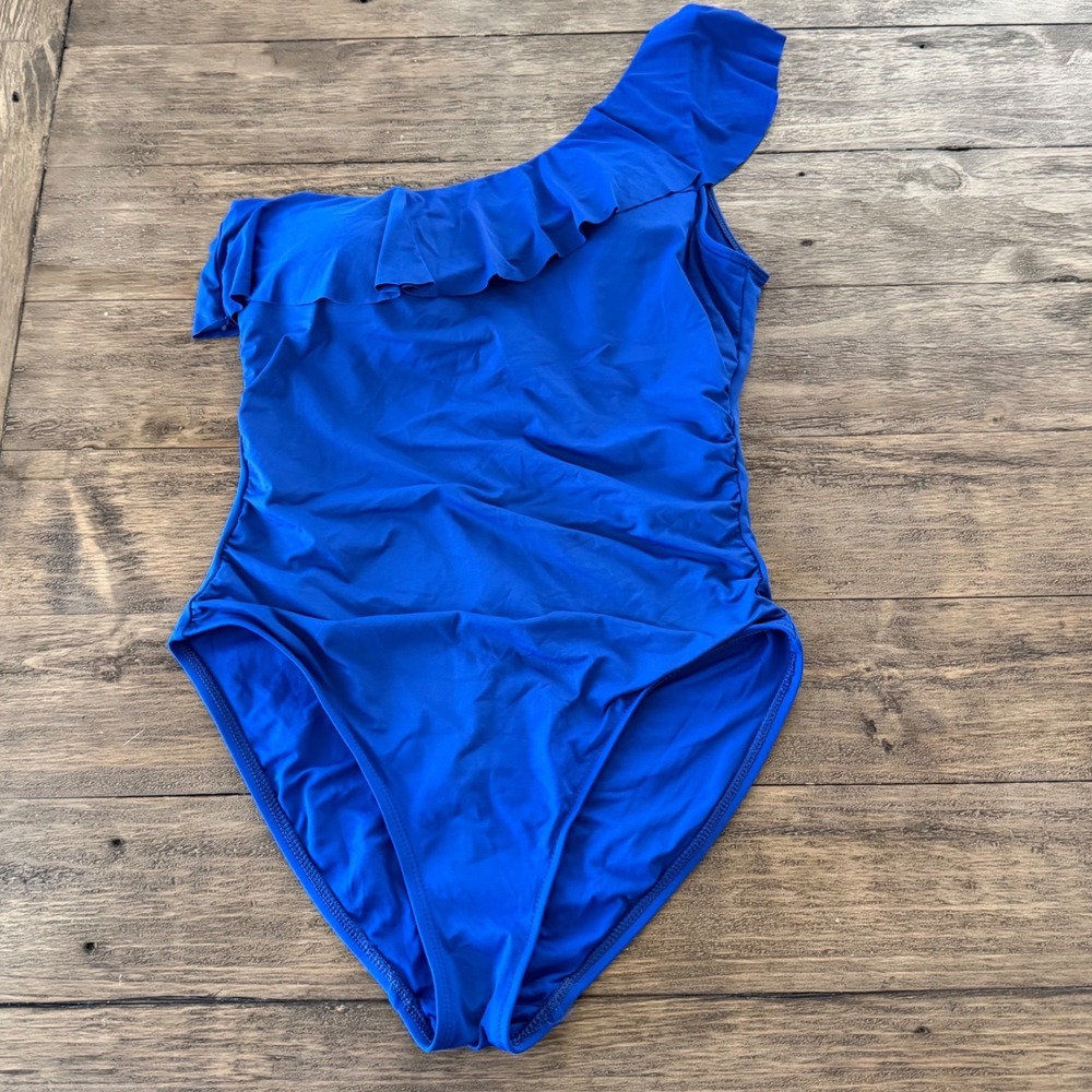 La Blanca Womens Royal Blue One Shoulder Ruffle Ruched‎ One Piece Swimsuit Sz 12